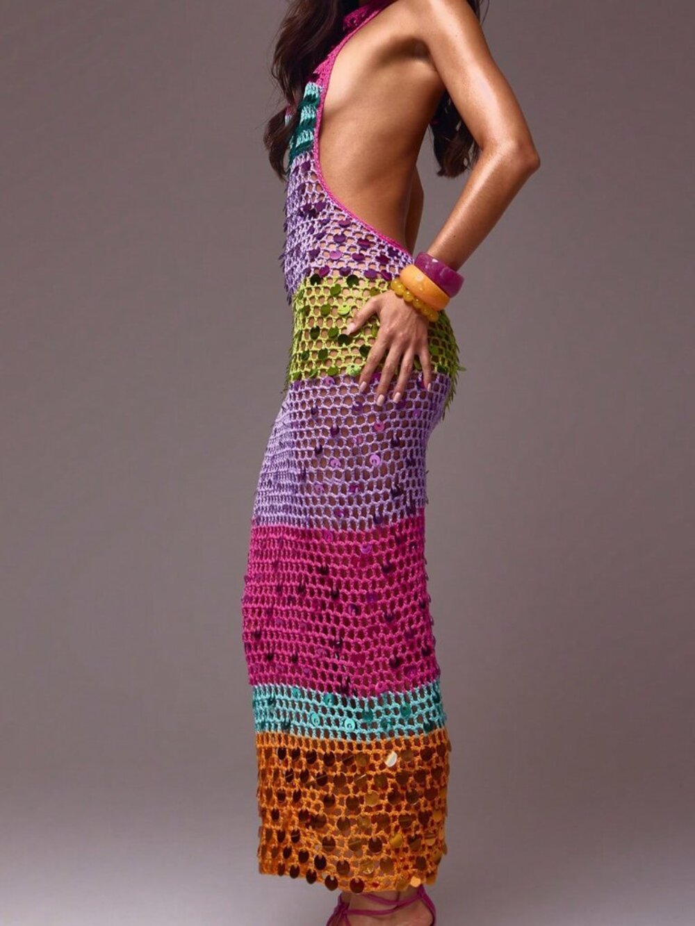 Multicolor Casual Women's Multicolour Open Knit Crochet Sequin Halterneck Dress - Picture 3 of 6